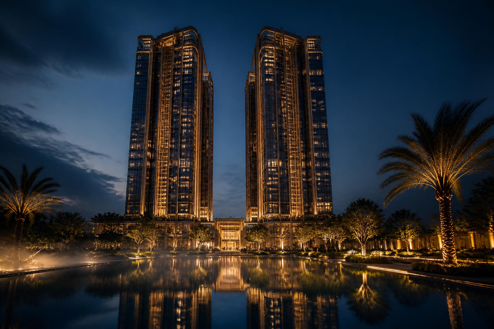 Rohit 108 Astera twin towers illuminated at blue hour